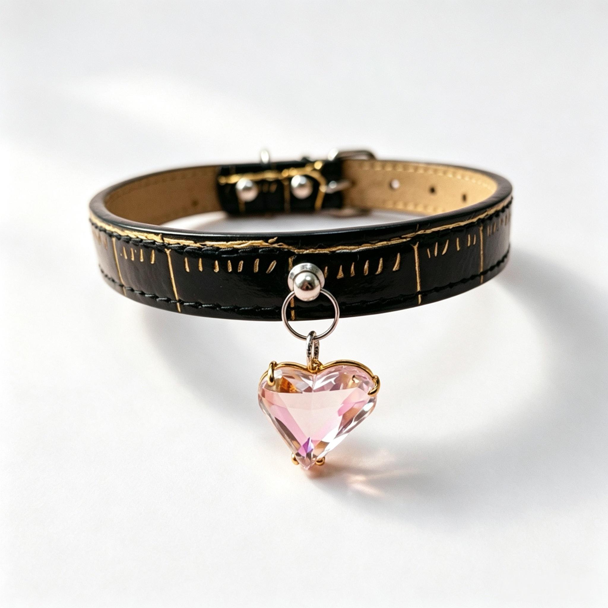 Black Leather Pink Heart Crystal Pet Collar - Image 2