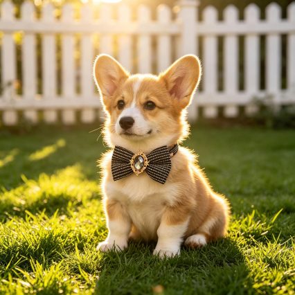 Black Striped Bow Tie Pet Collar with Gold Oval Gem Charm
