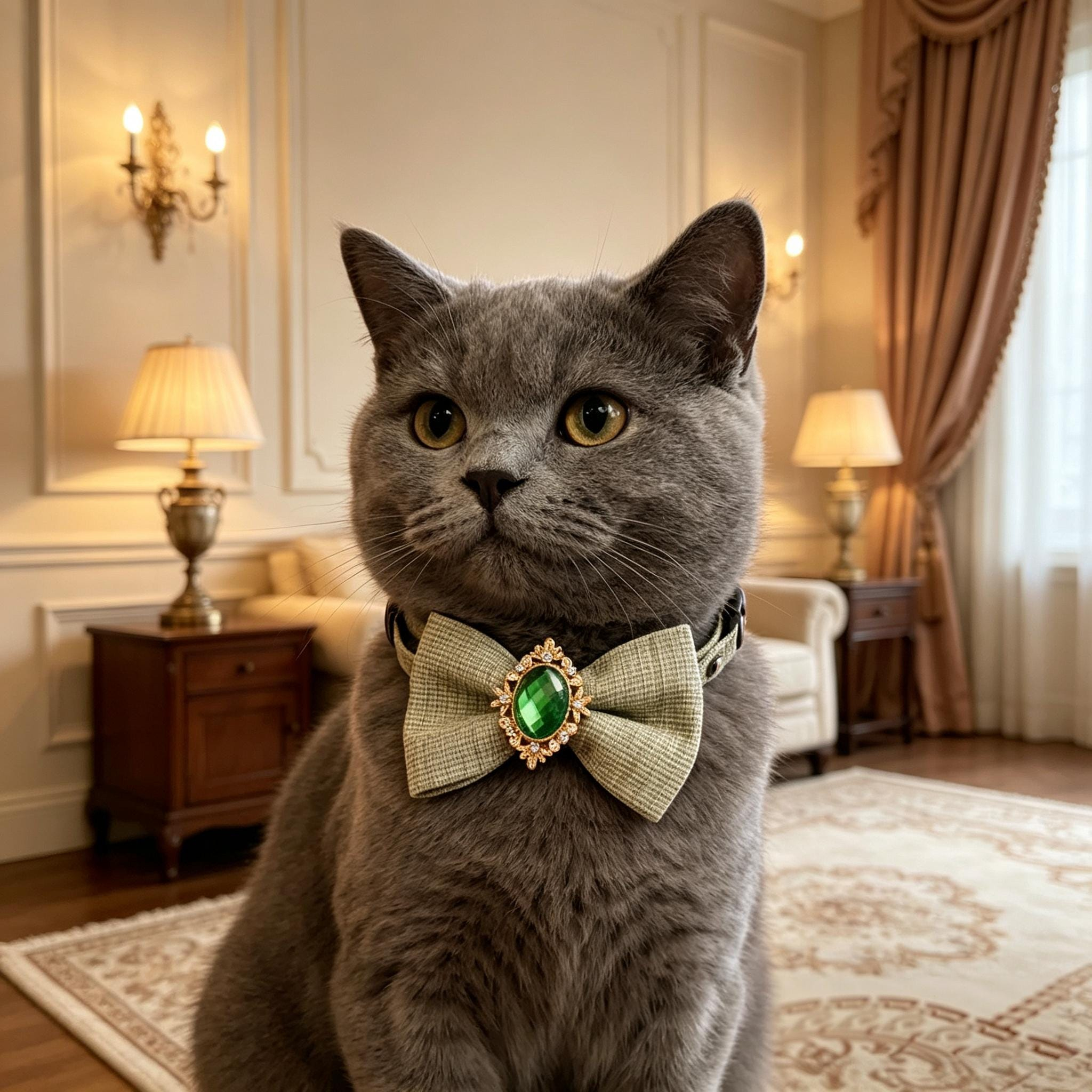 Black Striped Bow Tie Pet Collar with Gold Oval Gem Charm - Image 2