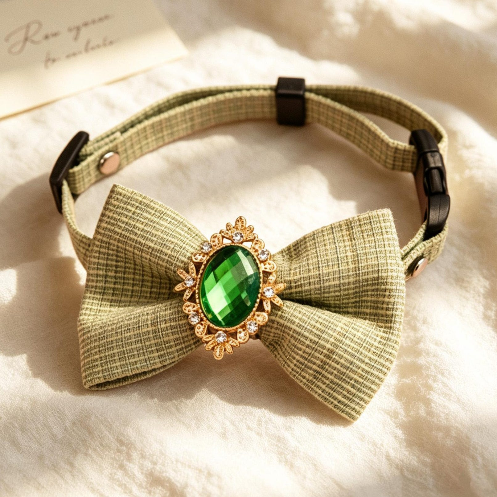 Black Striped Bow Tie Pet Collar with Gold Oval Gem Charm - Image 7