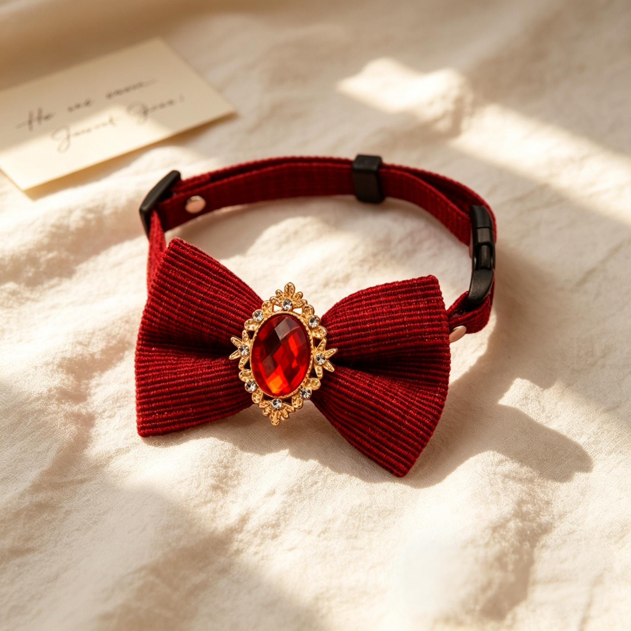 Black Striped Bow Tie Pet Collar with Gold Oval Gem Charm - Image 6