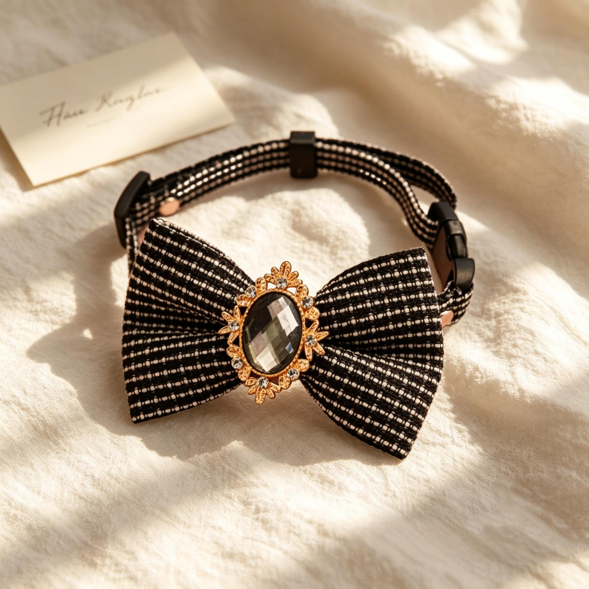 Black Striped Bow Tie Pet Collar with Gold Oval Gem Charm - Image 5