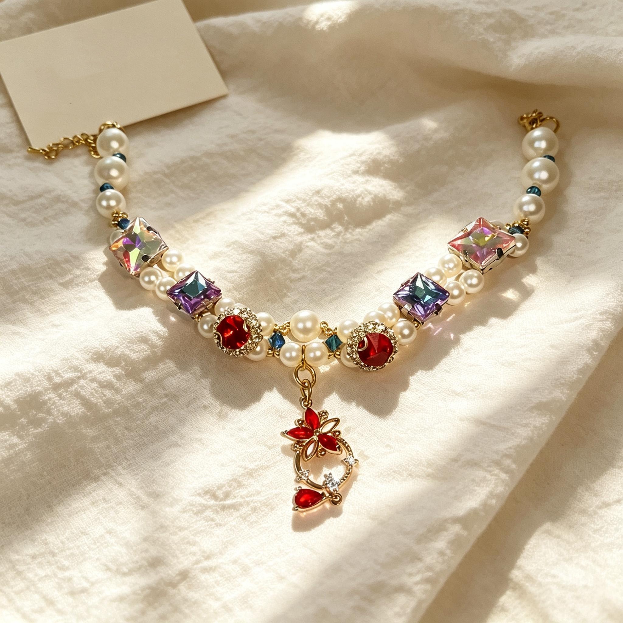 Colorful Gem Pearl Beaded Pet Necklace Collar - Image 2