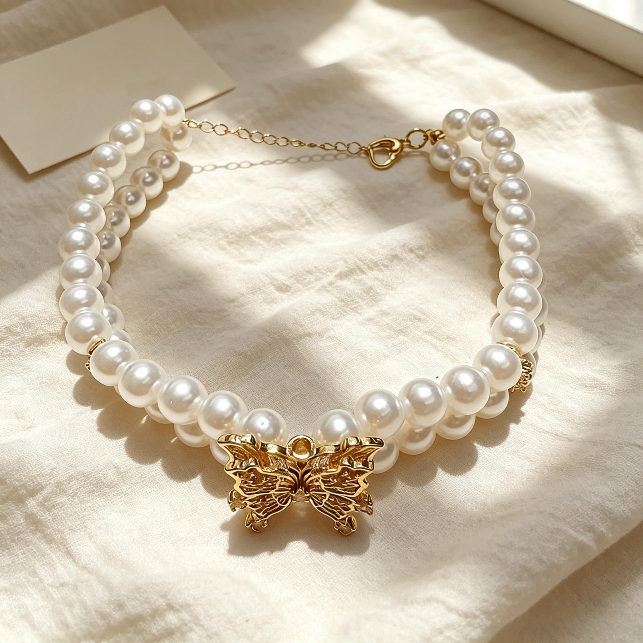 Double Layer Pearl Butterfly Pet Necklace Collar - Image 2