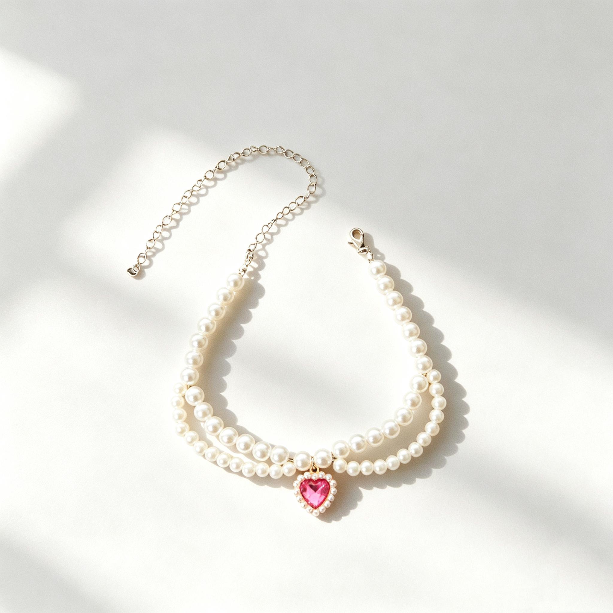 Double Layer Pearl Pink Heart Pet Necklace Collar - Image 2