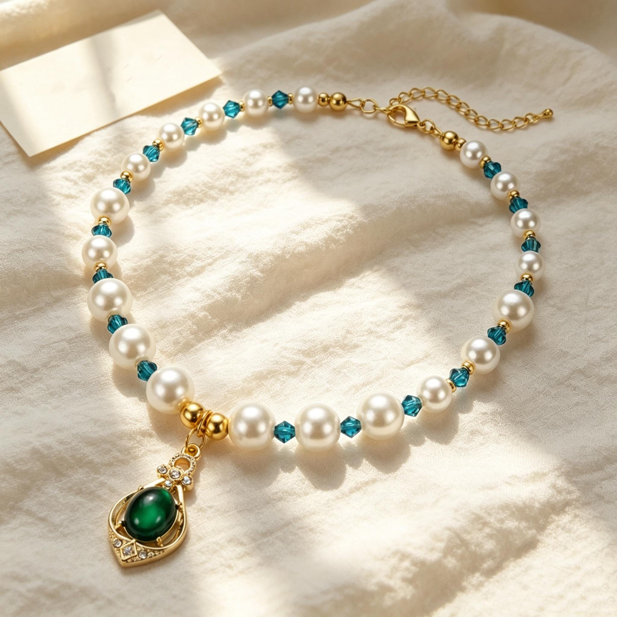 Emerald Green Teardrop Pearl Beaded Pet Necklace Collar - Image 2