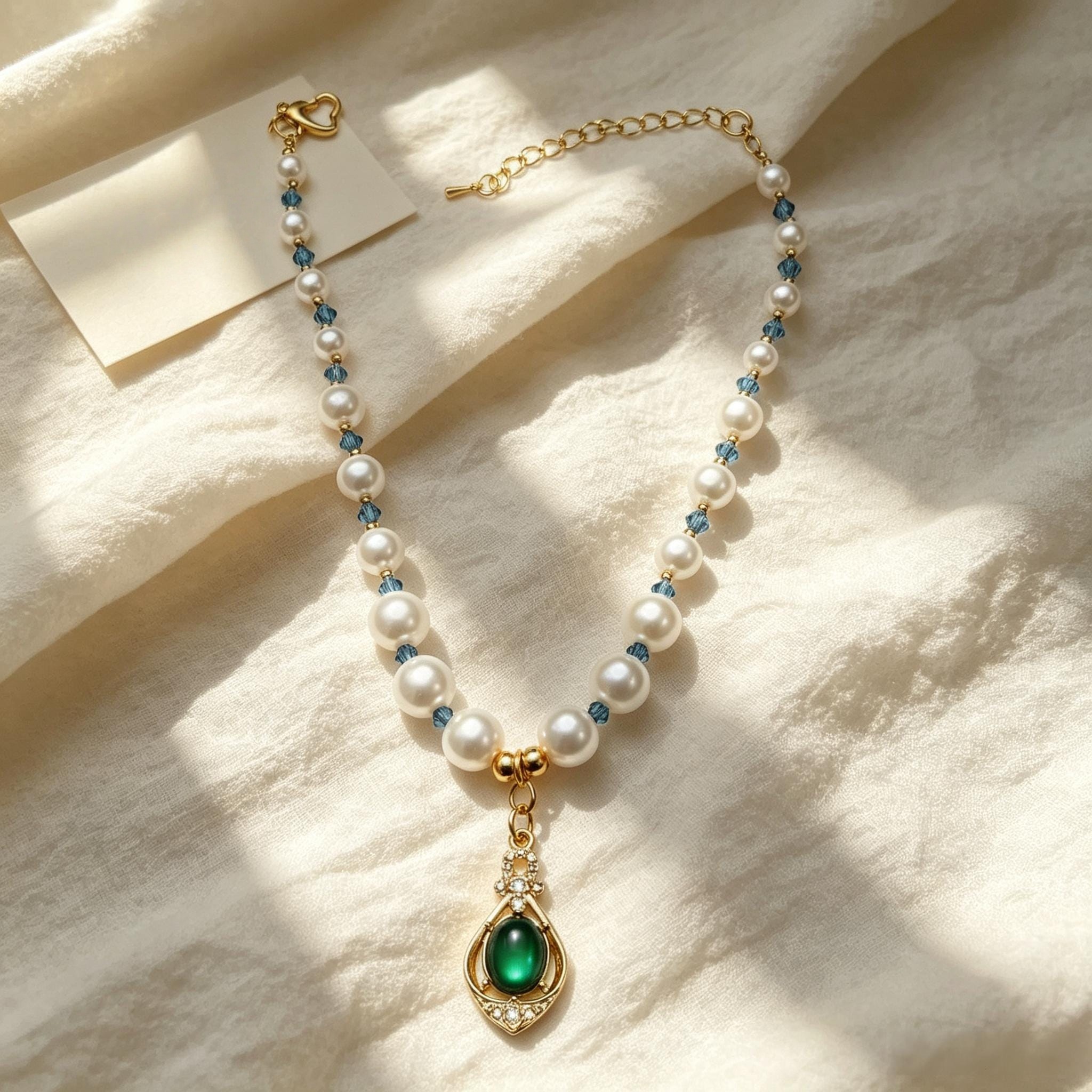 Emerald Green Teardrop Pearl Beaded Pet Necklace Collar - Image 3