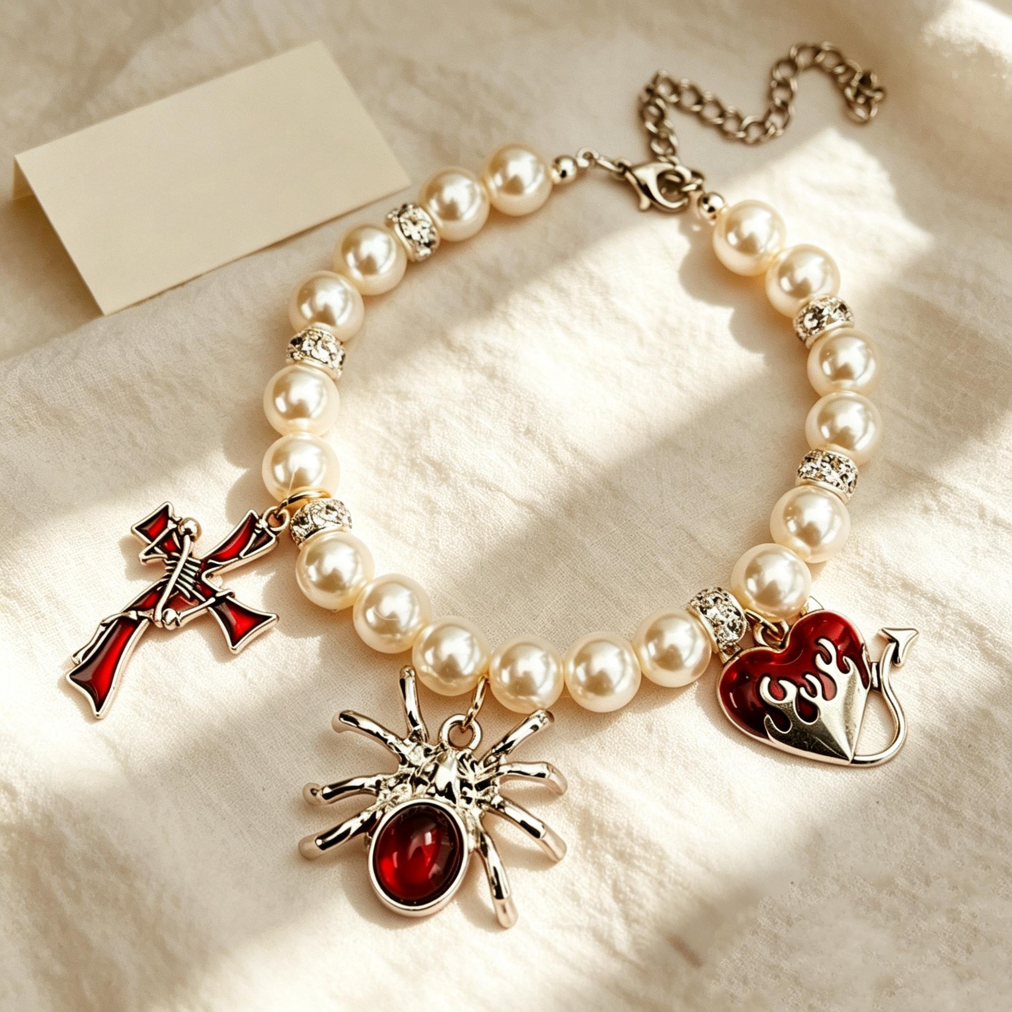 Gothic Red Spider Pearl Beaded Pet Necklace Collar - Image 4