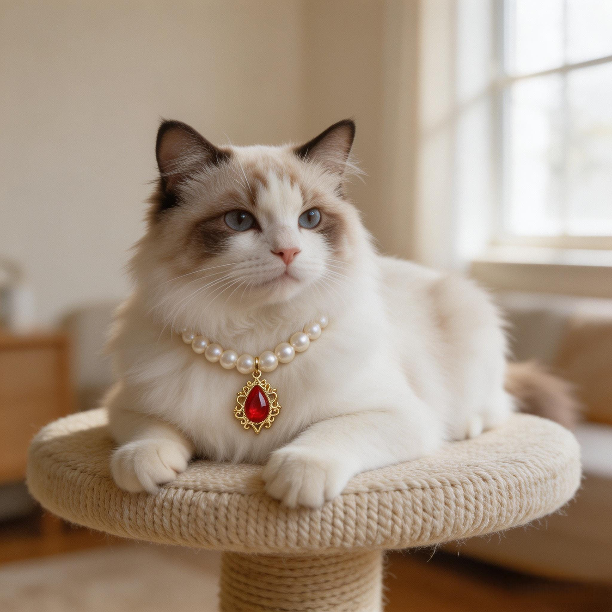 Red Gem Pendant Pearl Beaded Pet Necklace Collar