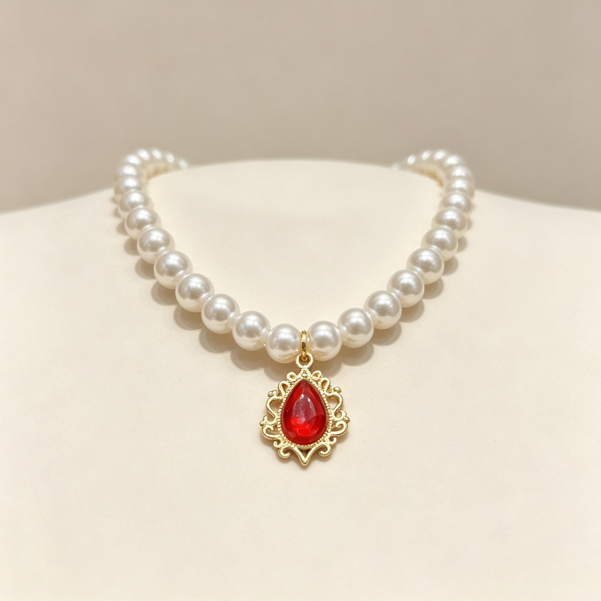 Red Gem Pendant Pearl Beaded Pet Necklace Collar - Image 3