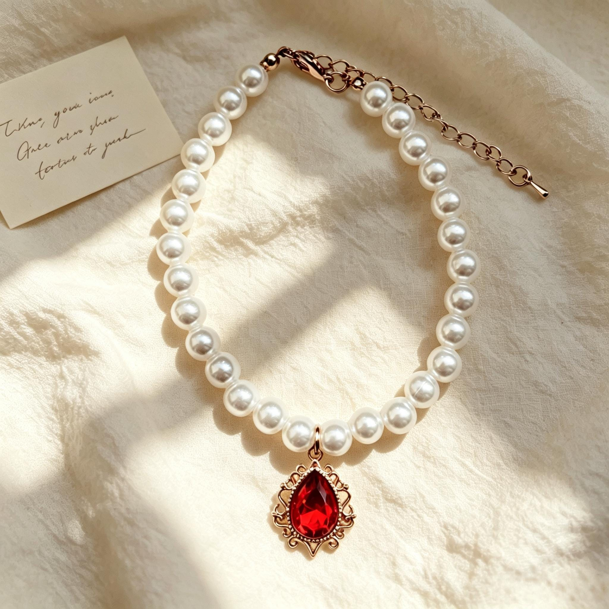 Red Gem Pendant Pearl Beaded Pet Necklace Collar - Image 2